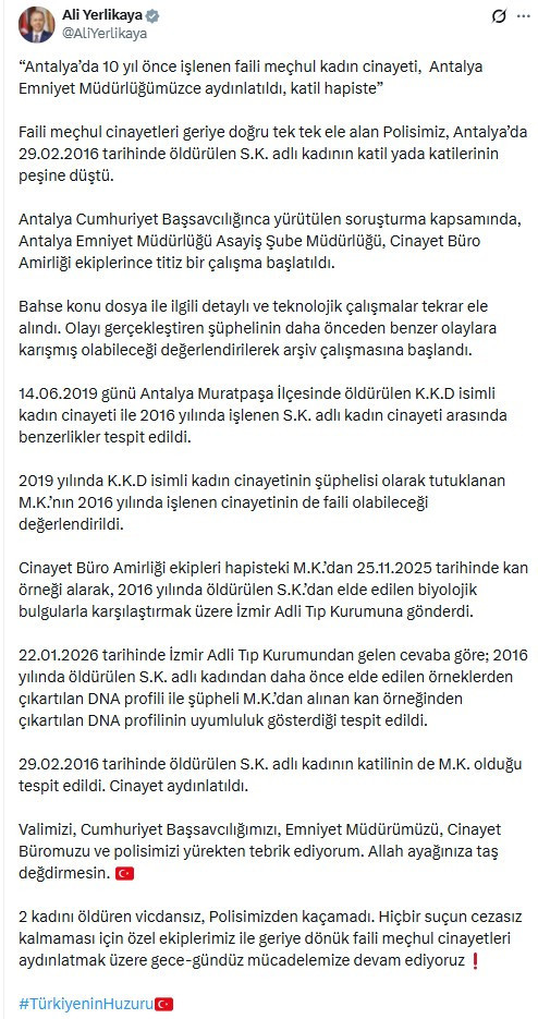 Bakan Yerlikaya 10 yıl önce Antalya'da işlenen cinayetin aydınlatıldığını açıkladı