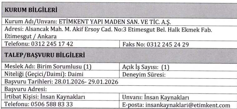 Etimesgut'ta kamu kurumuna KPSS'siz birim sorumlusu alımı yapılacak