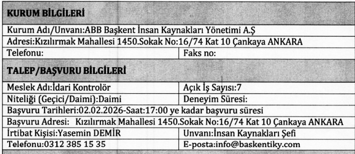 ABB Başkent İnsan Kaynakları Yönetimi KPSS'siz kontrolör alımı yapacak!