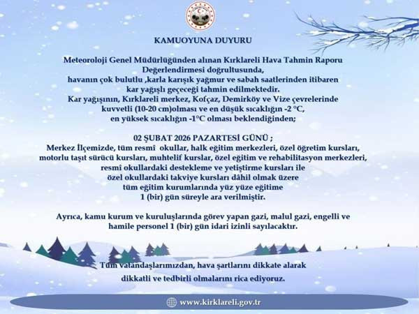 Tekirdağ ve Kırklareli'nde bazı ilçelerde okullar tatil ilan edildi!
