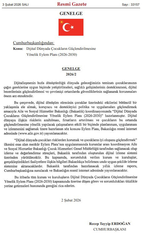 "Dijital Dünyada Çocukların Güçlendirilmesine Yönelik Eylem Planı" konulu genelge yayımlandı