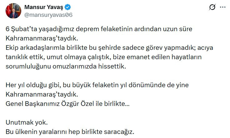 Mansur Yavaş'tan Kahramanmaraş mesajı: "Unutmak yok"