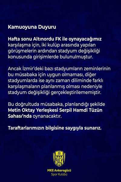 Ankaragücü'nün Altınordu FK maçı için stadyum değişikliği girişimi sonuç vermedi