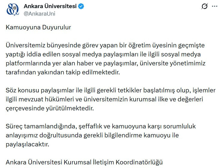 Bir akademisyenin sosyal medya mesajları tepki çekince Ankara Üniversitesi harekete geçti