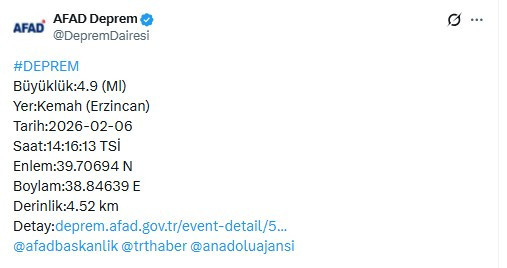 AFAD ve Kandilli duyurdu: Erzincan'da 4.9 büyüklüğünde deprem!