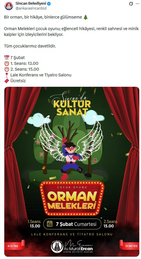 Sincan Belediyesinden 4-12 yaş arası çocuklara özel tiyatro etkinliği duyurusu