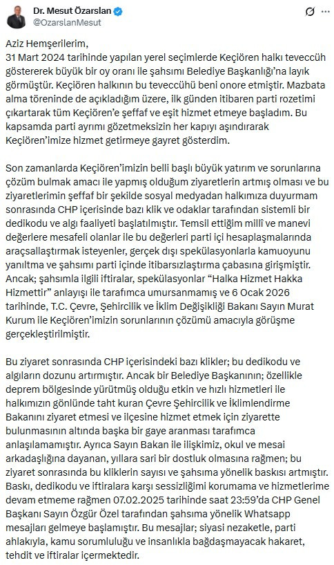 Keçiören Belediye Başkanı Mesut Özarslan, CHP'den istifa etti