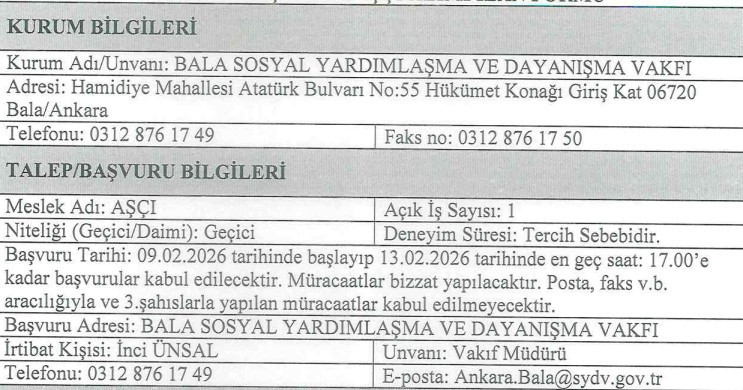 Bala Sosyal Yardımlaşma ve Dayanışma Vakfına aşçı-aşçı yardımcısı alınacak - Resim : 2