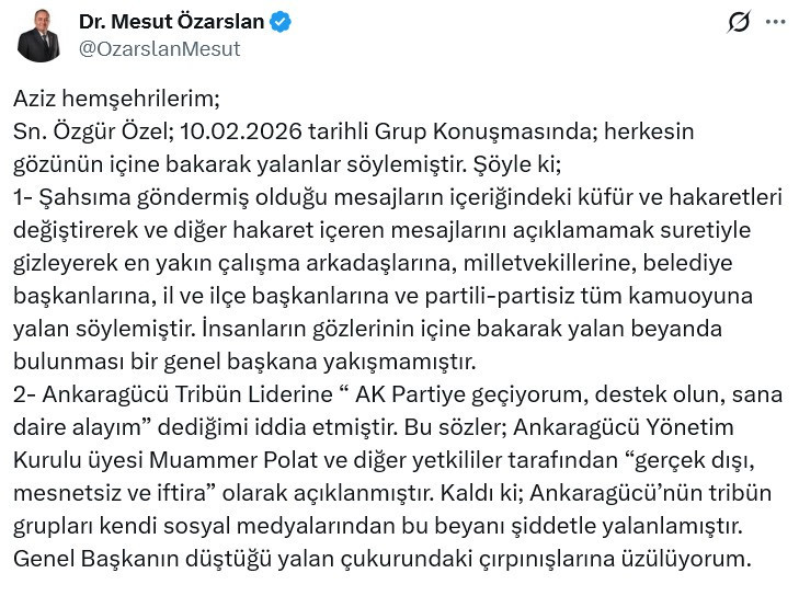 Mesut Özarslan'dan Özgür Özel'in iddialarına yanıt