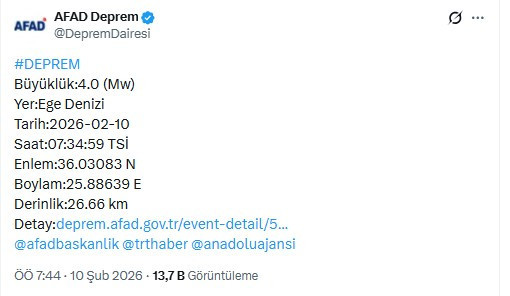 Ege Denizi'nde sabah saatlerinde 4 şiddetinde deprem oldu!