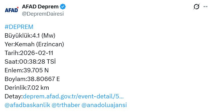 Erzincan Kemah'ta 4,1 büyüklüğünde deprem oldu