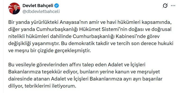 Devlet Bahçeli: "MHP yeni bakanlarımızın sonuna kadar arkasındadır"