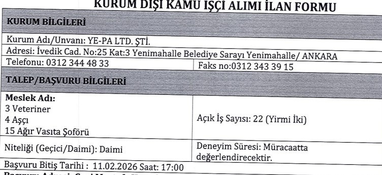 Yenimahalle Belediyesinin şirketine aşçı, veteriner, şoför alınacak!
