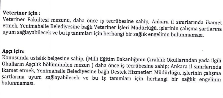 Yenimahalle Belediyesinin şirketine aşçı, veteriner, şoför alınacak! - Resim : 2