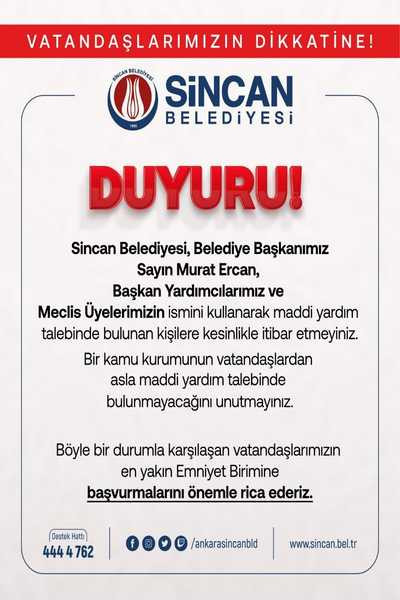 Sincan Belediyesi'nden uyarı: Kamu kurumu vatandaşlardan maddi yardım talep etmez