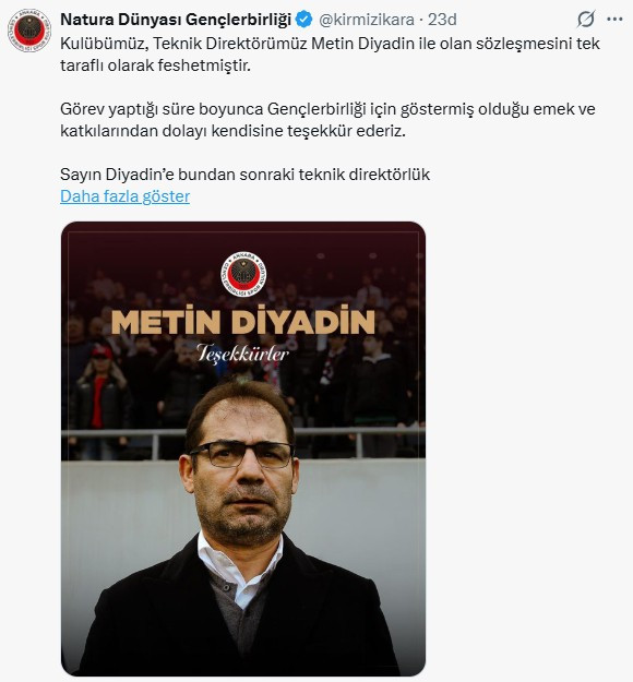 Natura Dünyası Gençlerbirliği’nde Teknik Direktör Metin Diyadin ile yollar ayrıldı...