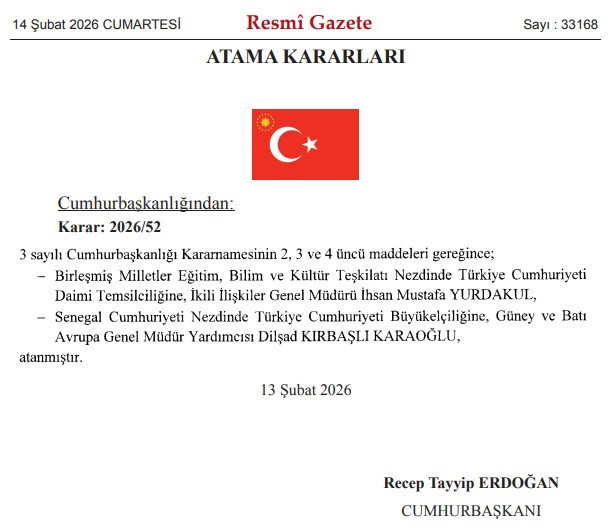 Cumhurbaşkanı Erdoğan'dan 14 Şubat 2026 tarihli Atama Kararları