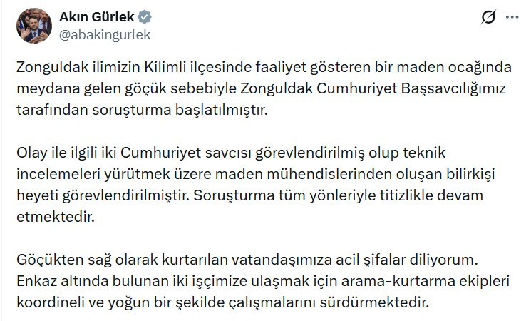 Bakan Akın Gürlek: Zonguldak'taki maden ocağı göçüğü hakkında soruşturma başlatıldı