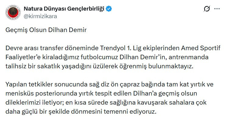 Natura Dünyası Gençlerbirliği’nden Dilhan Demir için geçmiş olsun mesajı