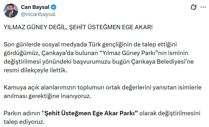 Yılmaz Güney Parkı'nın isminin değişmesi için Çankaya Belediyesi'ne dilekçe verdiler