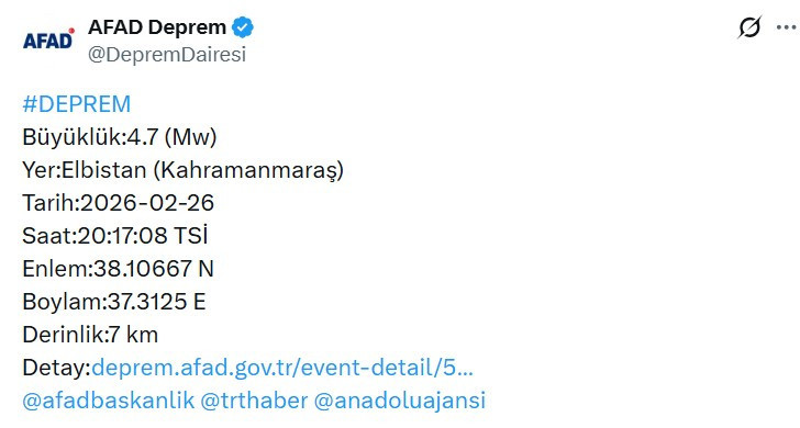 AFAD, Kahramanmaraş Elbistan'da 4,7 büyüklüğünde deprem olduğunu duyurdu