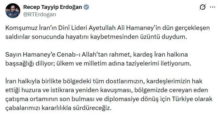 Cumhurbaşkanı Erdoğan'dan İran halkına taziye mesajı