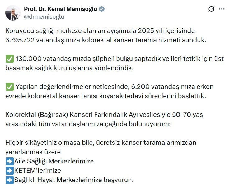 Bakan Kemal Memişoğlu'ndan ücretsiz kanser taraması çağrısı