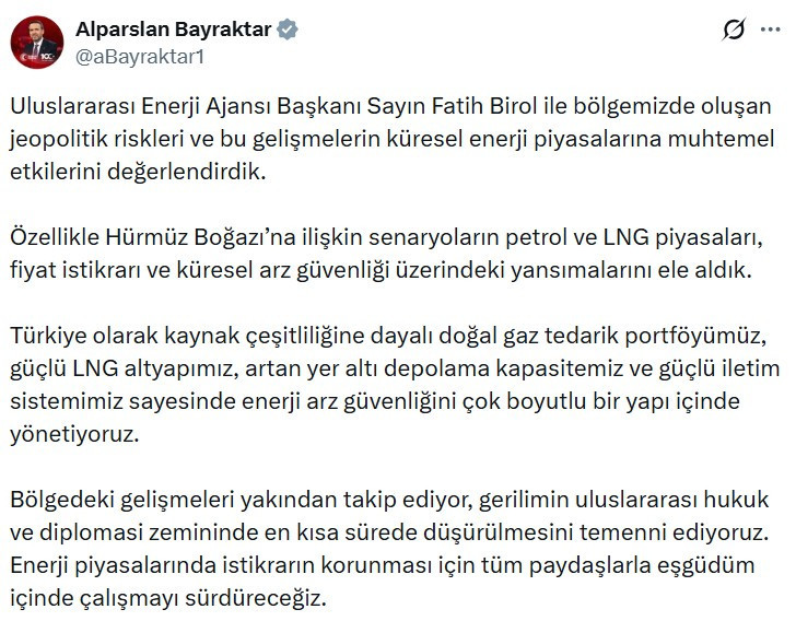 Enerji Bakanı Bayraktar'dan enerji arz güvenliği bilgilendirmesi