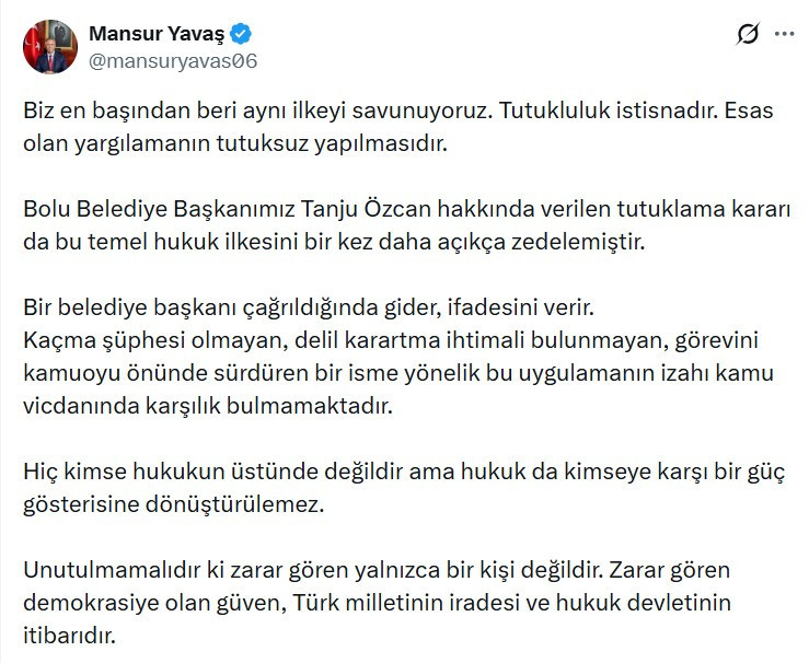 Mansur Yavaş'tan Tanju Özcan için verilen tutuklama kararı hakkında açıklama