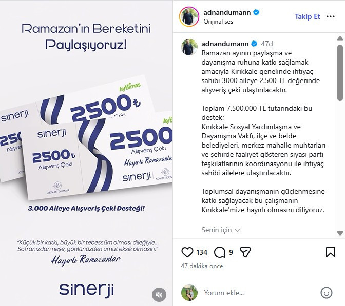 Kırıkkaleli iş insanı Adnan Duman'dan 3 bin aileye ramazan desteği!