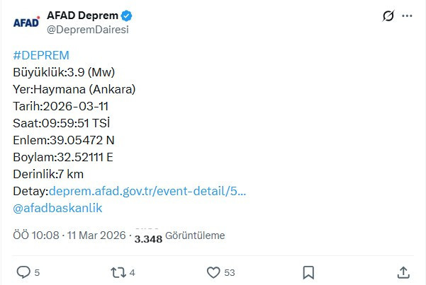 Ankara'da Haymana merkezli 3.9 şiddetinde deprem!