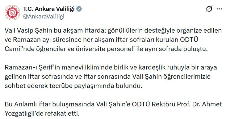 Ankara Valisi Vasip Şahin, ODTÜ Camii'nde iftar programına katıldı