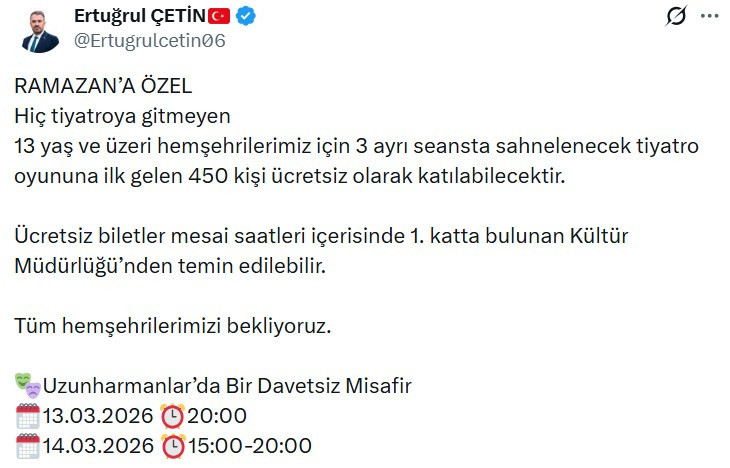 Pursaklar Belediye Başkanı Ertuğrul Çetin'den hiç tiyatroya gitmemiş olanlara davet