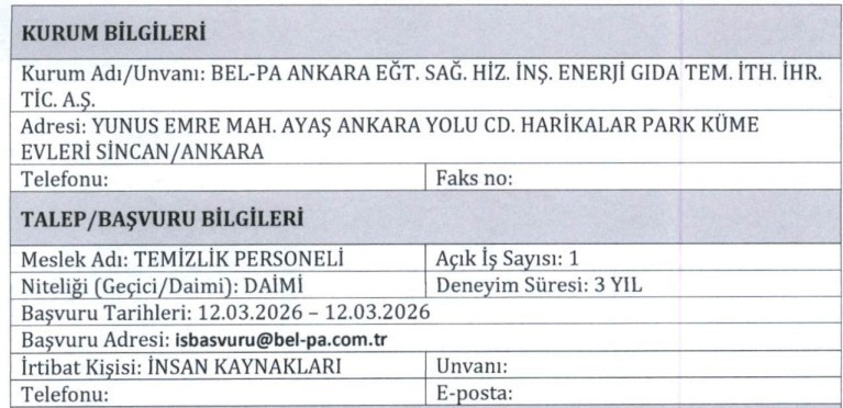 BEL-PA Ankara daimi temizlik personeli alımı yapacak!