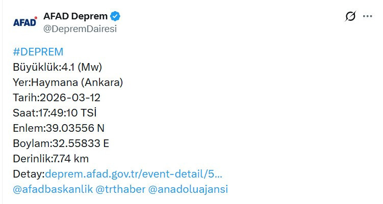 Ankara Haymana merkezli 4,1 büyüklüğünde deprem oldu
