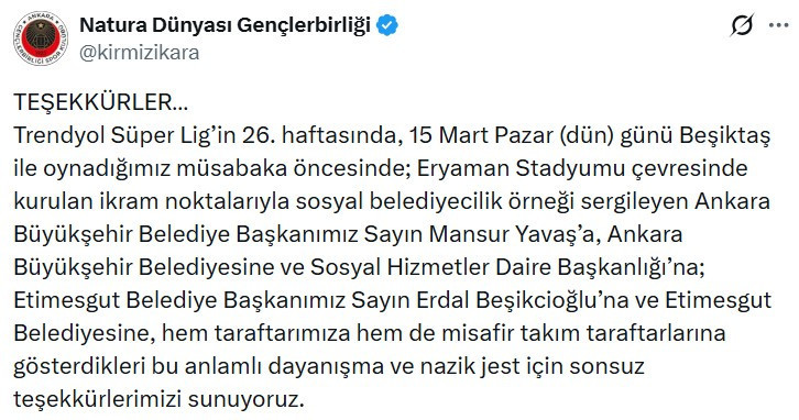 Natura Dünyası Gençlerbirliği'nden Mansur Yavaş ve Erdal Beşikcioğlu'na teşekkür mesajı