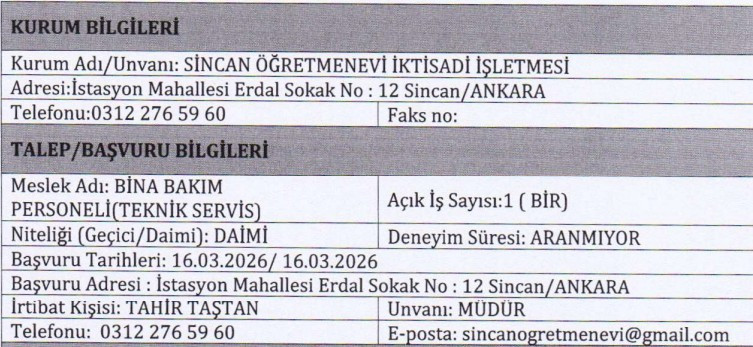 Sincan öğretmenevi bünyesine teknik servis elemanı alınacak