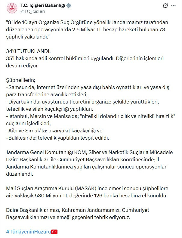 İçişleri Bakanlığı 8 ilde organize suç örgütlerine operasyon düzenlendiğini duyurdu