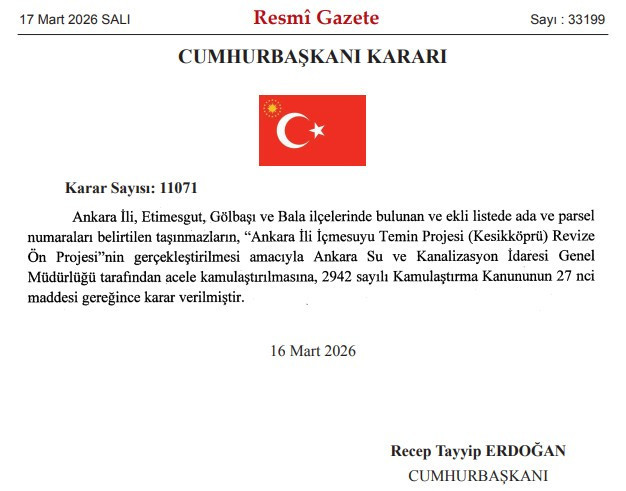 Cumhurbaşkanı Erdoğan'dan Ankara'da içmesuyu temin projesi için acele kamulaştırma kararı