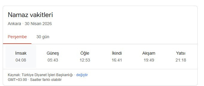 Ankara için sabah ezanı vakti, namaz vakitleri saatleri