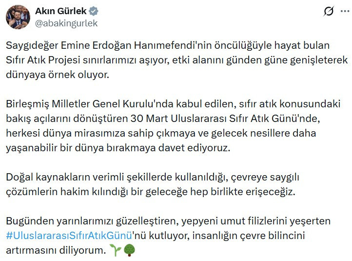 Adalet Bakanı Akın Gürlek'ten Sıfır Atık Günü mesajı