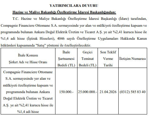 Ankara'da yeni özelleştirme kararı Resmi Gazete'de yayımlandı