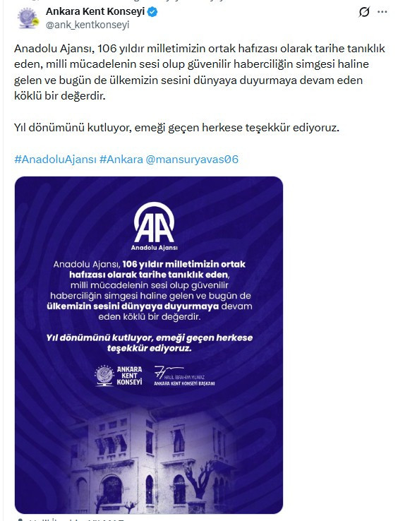 AKK Başkanı Yılmaz, AA'nın 106. kuruluş yıl dönümüne ilişkin mesaj yayımladı