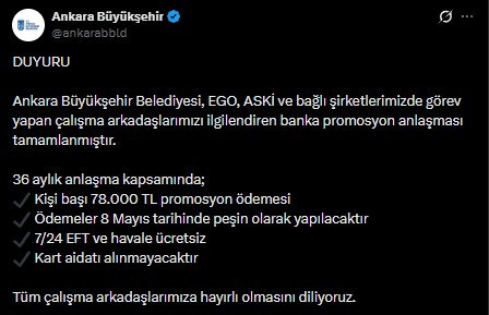 Ankara Büyükşehir Belediyesi çalışanlarına 78 bin TL promosyon ödemesi yapılacak!