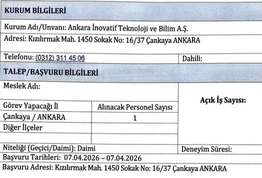 Çankaya'da kamu kurumuna daimi personel alımı yapılacak