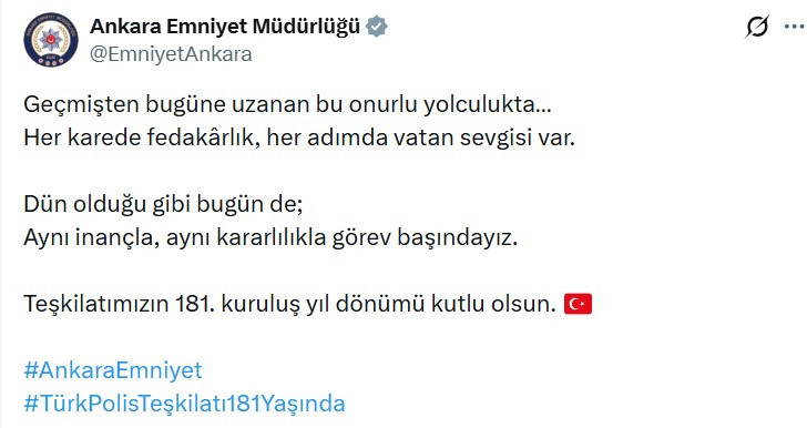 Ankara Emniyet Müdürlüğünden 181. kuruluş yıl dönümünde "Nostalji" mesajı