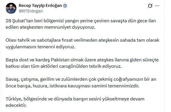 Cumhurbaşkanı Erdoğan'dan ateşkes yorumu