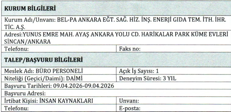 Sincan'da kamu kurumuna sınavsız büro personeli alınacak!