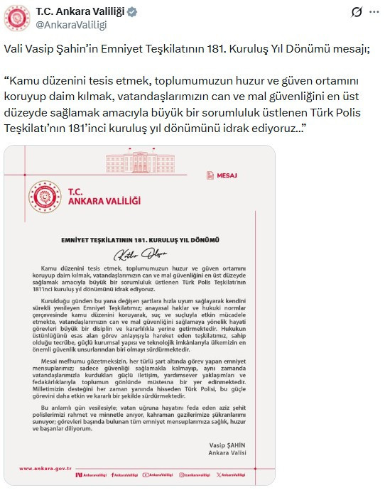 Vali Şahin'den Emniyet Teşkilatının kuruluş yıl dönümüne ilişkin mesaj!