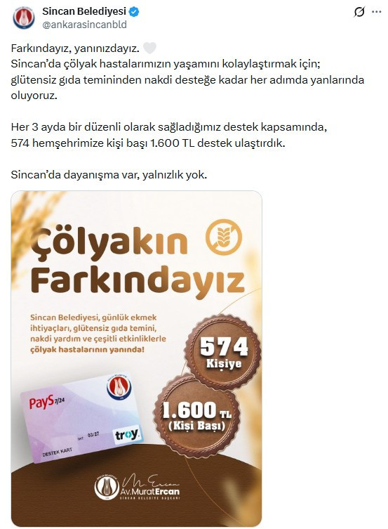 Sincan Belediyesi 574 kişiye çölyak desteği yatırdı!